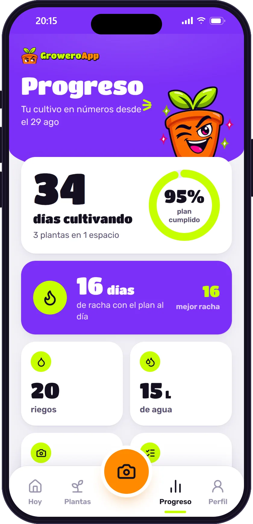 Pantalla de progreso: días de cultivo, plan cumplido, racha y litros de agua